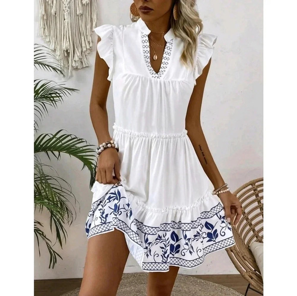 Women's Notch Neckline Frill Hem Dress - Picture 1 of 6